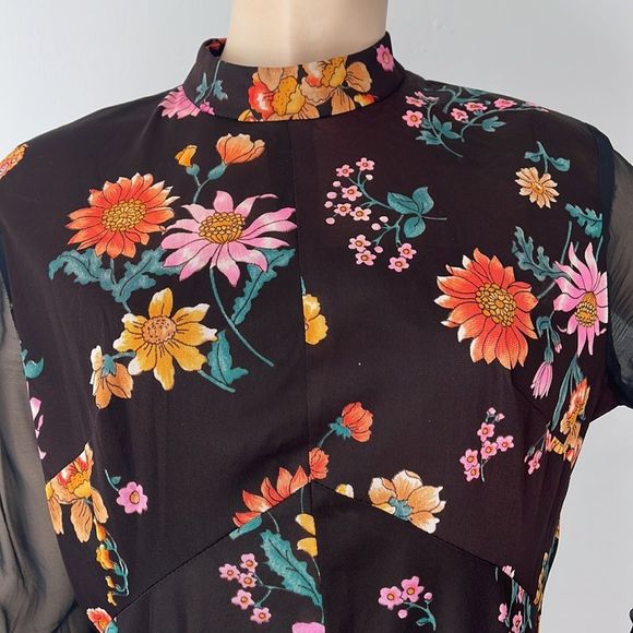 Vintage 70s Floral and Black Long Sleeve Sheer Maxi Dress - Picture 8 of 16